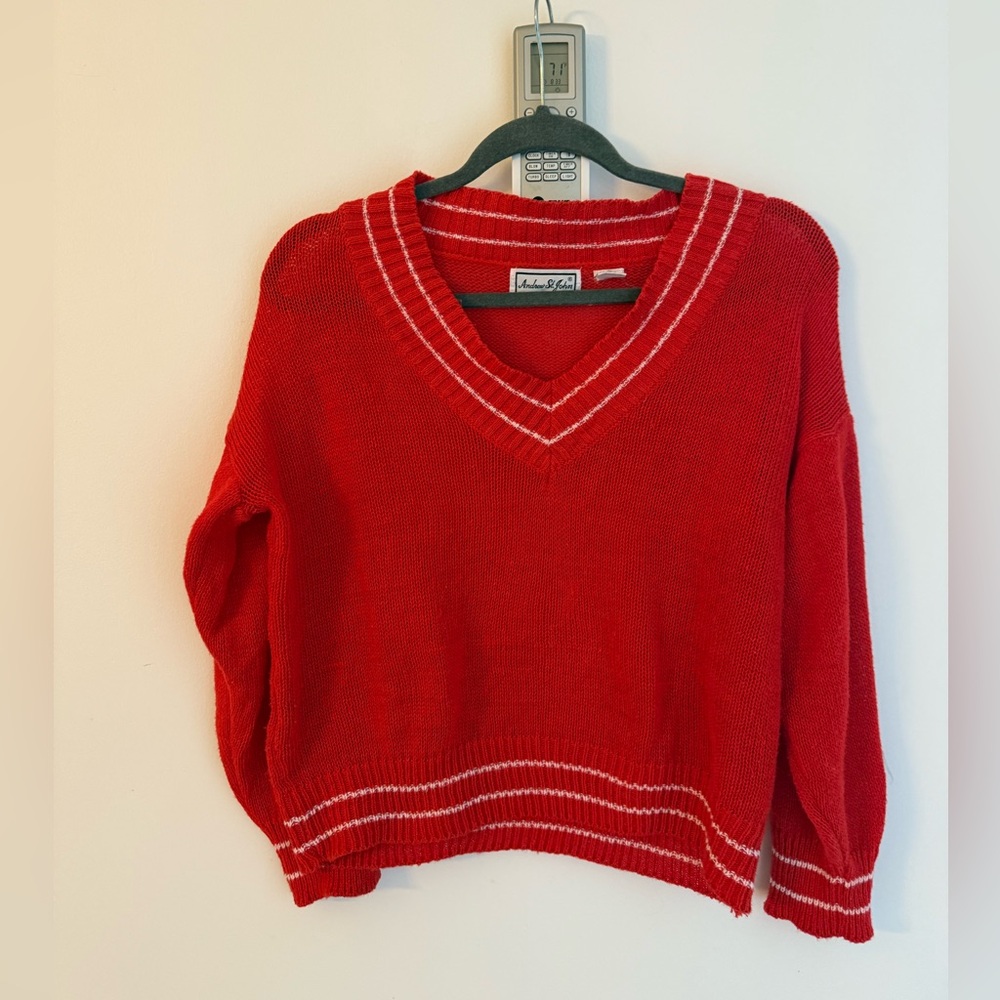 Vintage Red Varsity V-Neck Sweater